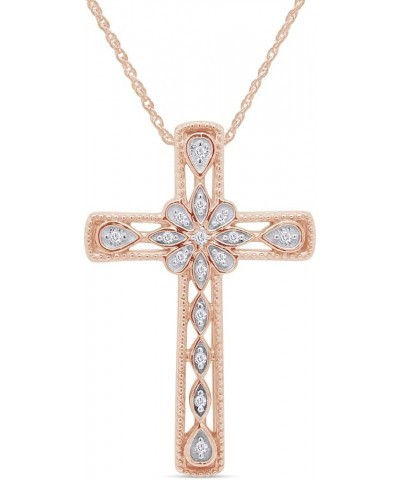 1/20 Carat Round Cut White Natural Diamond Accent Vintage Style Flower Cross Pendant Necklace For Women In 14k Gold Over Ster...