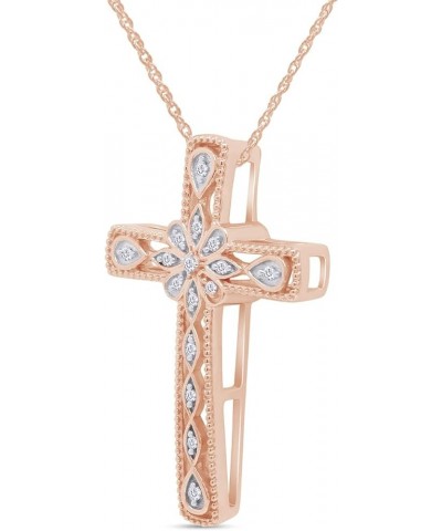 1/20 Carat Round Cut White Natural Diamond Accent Vintage Style Flower Cross Pendant Necklace For Women In 14k Gold Over Ster...