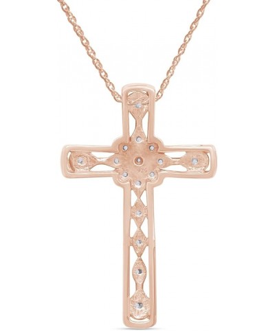 1/20 Carat Round Cut White Natural Diamond Accent Vintage Style Flower Cross Pendant Necklace For Women In 14k Gold Over Ster...