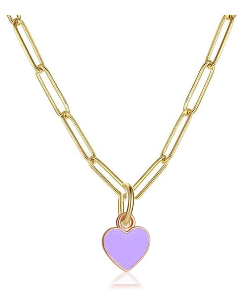 Multicolor Enamel Heart Pendant Paperclip Chain Necklace 14K Gold Plated Drop Oil Peach Lover Heart Stainless Steel Paperclip...