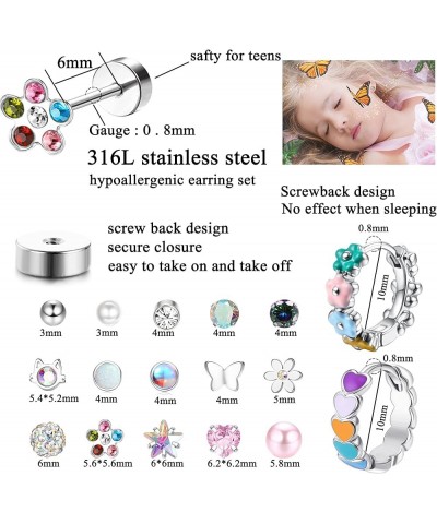 17 Pairs Hypoallergenic Screw Back Earrings for Women Girls Surgical Steel Heart CZ Flower Butterfly Screwback Stud Earring C...