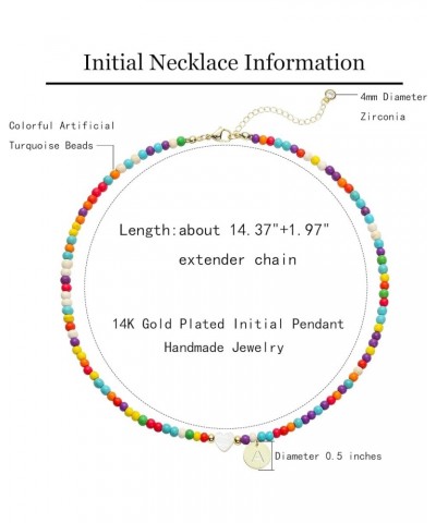 Initial Necklaces for Women Handmade Colorful Beaded Choker Necklace 14K Gold Round Coin Disc Pendant Letter Necklace Boho Su...