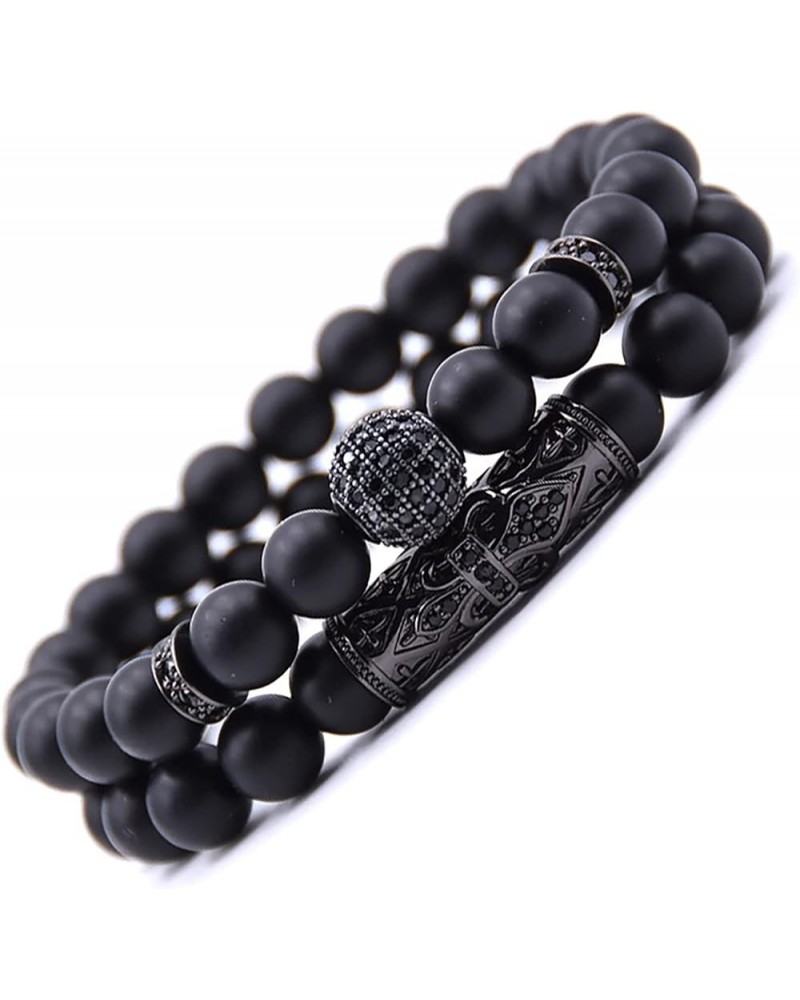 2 PCS 8mm Black Matte Beads Obsibian Black Onyx Stone Bracelets Sets Charm Football Elastic Natural Stone Yoga Bracelet for W...