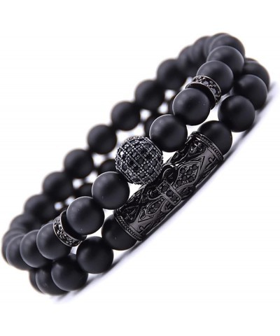 2 PCS 8mm Black Matte Beads Obsibian Black Onyx Stone Bracelets Sets Charm Football Elastic Natural Stone Yoga Bracelet for W...