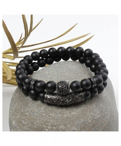 2 PCS 8mm Black Matte Beads Obsibian Black Onyx Stone Bracelets Sets Charm Football Elastic Natural Stone Yoga Bracelet for W...