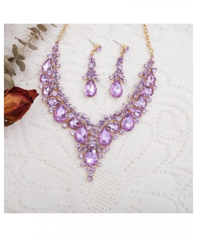 Women's Elegant Wedding Jewelry Set Teardrop Crystal Statement Necklace Earrings Sets for Bride Prom Costume Accessories viol...