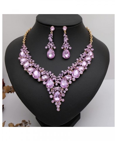 Women's Elegant Wedding Jewelry Set Teardrop Crystal Statement Necklace Earrings Sets for Bride Prom Costume Accessories viol...