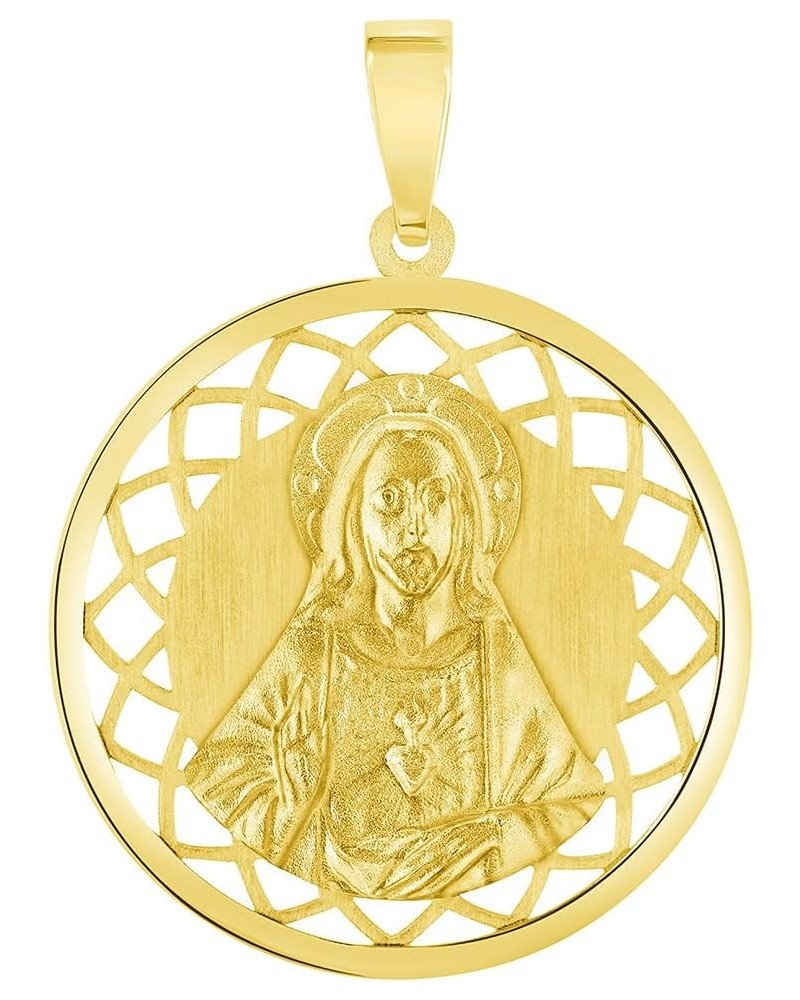 14k Yellow Gold Sacred Heart of Jesus Christ On Round Open Ornate Miraculous Medal Pendant (1") $47.15 Pendants