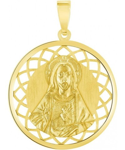 14k Yellow Gold Sacred Heart of Jesus Christ On Round Open Ornate Miraculous Medal Pendant (1") $47.15 Pendants