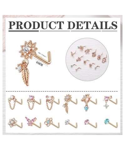 12 Pcs 20G Dangle Nose Rings Studs for Women Stainless Steel L Shaped Nose Rings Heart Flower CZ Snowflake Butterfly Dangling...