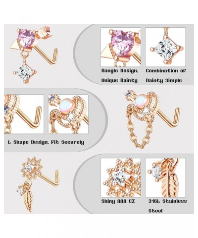 12 Pcs 20G Dangle Nose Rings Studs for Women Stainless Steel L Shaped Nose Rings Heart Flower CZ Snowflake Butterfly Dangling...