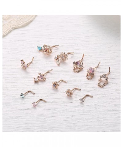 12 Pcs 20G Dangle Nose Rings Studs for Women Stainless Steel L Shaped Nose Rings Heart Flower CZ Snowflake Butterfly Dangling...