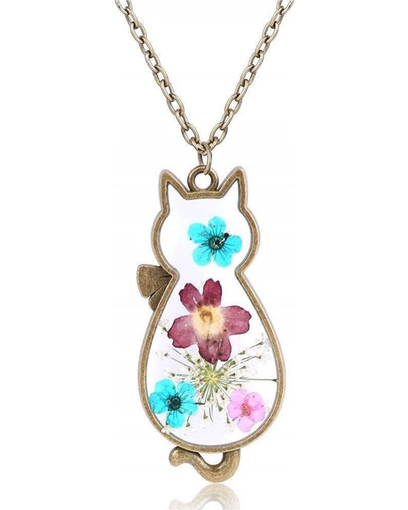 Multicolor Dried Flower Necklace for Women Cute Cat Pendant Necklace Pressed Flower Jewelry Necklace Nature Gifts for Women G...