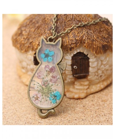 Multicolor Dried Flower Necklace for Women Cute Cat Pendant Necklace Pressed Flower Jewelry Necklace Nature Gifts for Women G...