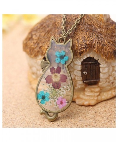 Multicolor Dried Flower Necklace for Women Cute Cat Pendant Necklace Pressed Flower Jewelry Necklace Nature Gifts for Women G...