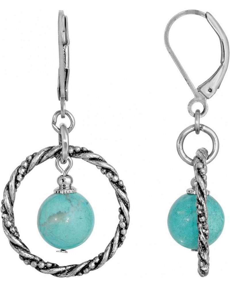 1928 jewelry silver tone genuine semi precious gemstone round stone hoop earrings Turquoise $17.44 Earrings