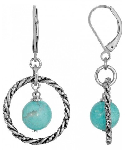 1928 jewelry silver tone genuine semi precious gemstone round stone hoop earrings Turquoise $17.44 Earrings