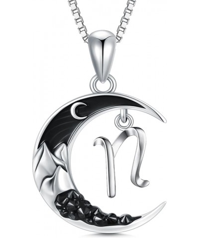 Sterling Silver A-Z Initial Necklaces Classic 26 Letter Pendant with Black Moon Gothic Jewelry Crescent Moon Mountain Gifts B...