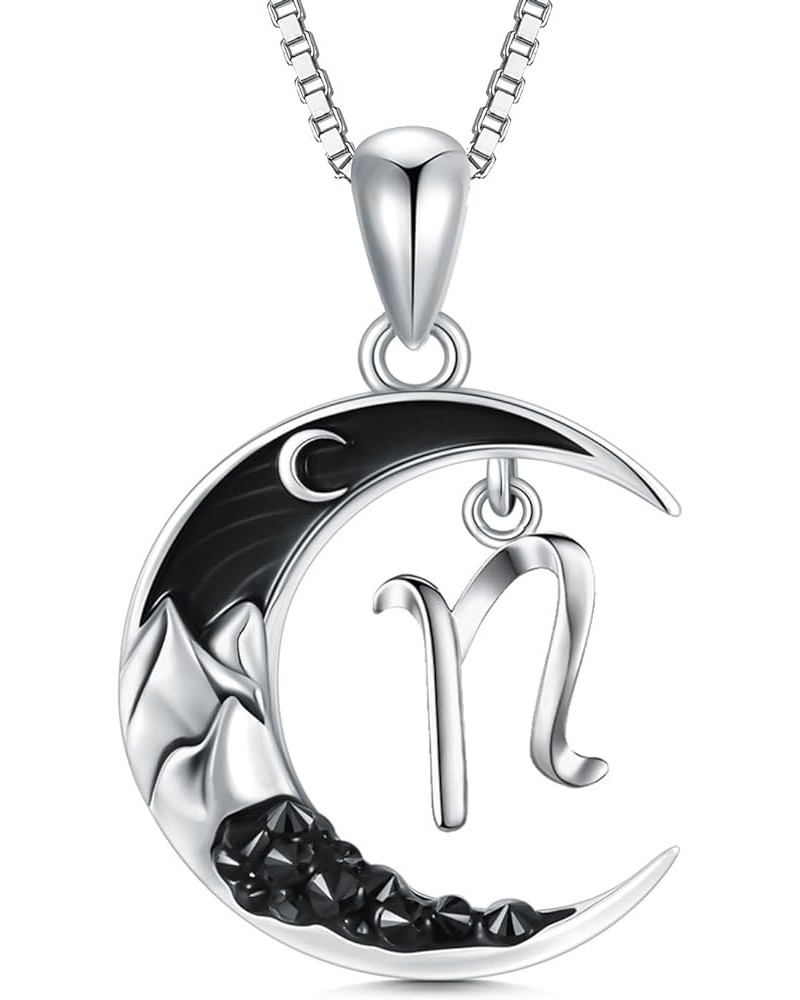 Sterling Silver A-Z Initial Necklaces Classic 26 Letter Pendant with Black Moon Gothic Jewelry Crescent Moon Mountain Gifts B...