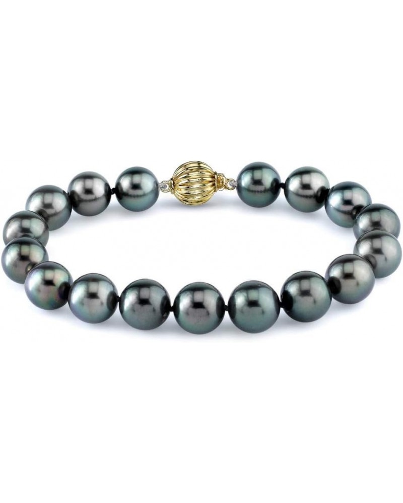 14K Gold 9-10mm AAAA Quality Round Black Tahitian South Sea Cultured Pearl Bracelet for Women 8.0 Inches Yellow Gold $481.28 ...