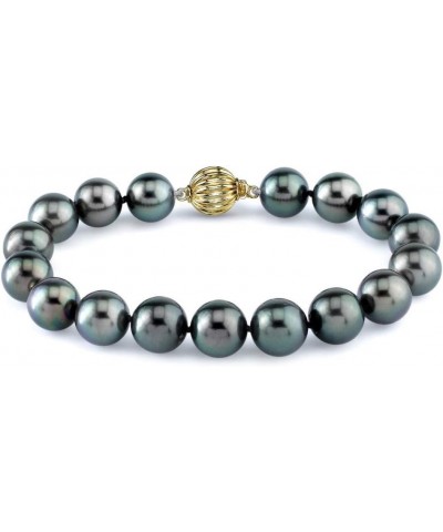 14K Gold 9-10mm AAAA Quality Round Black Tahitian South Sea Cultured Pearl Bracelet for Women 8.0 Inches Yellow Gold $481.28 ...