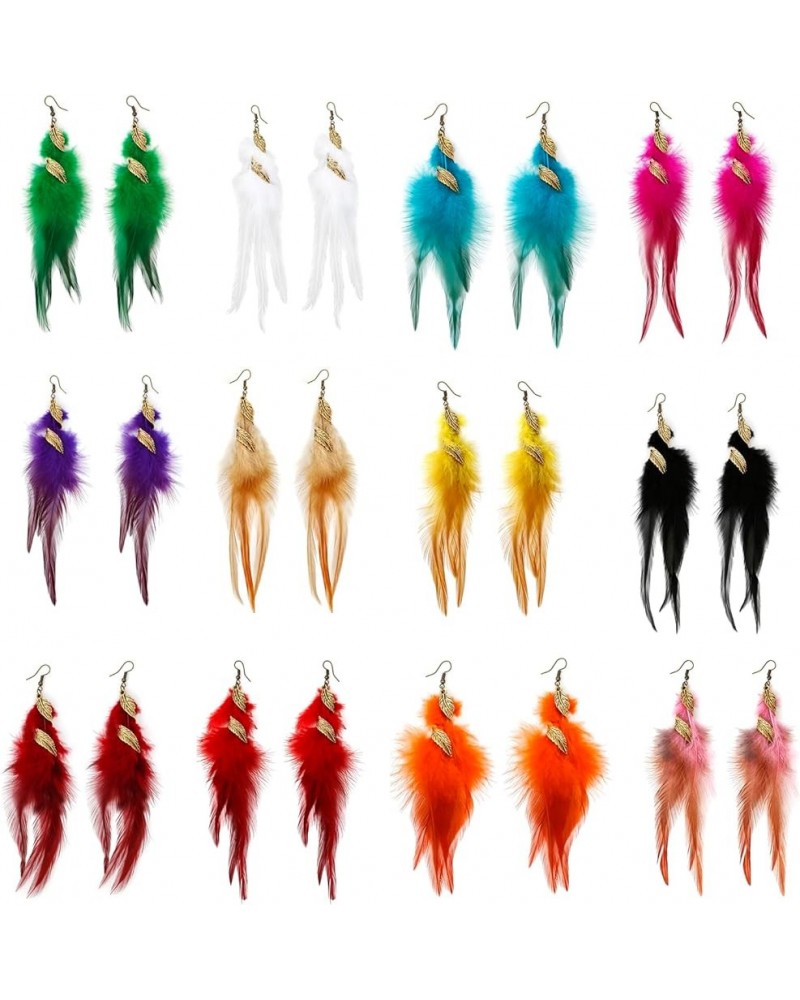 12 Color Bohemian Long Feather Earrings for Women Handmade Natural Jewelry Lightweight Statement Dangle Color B $10.00 Earrings