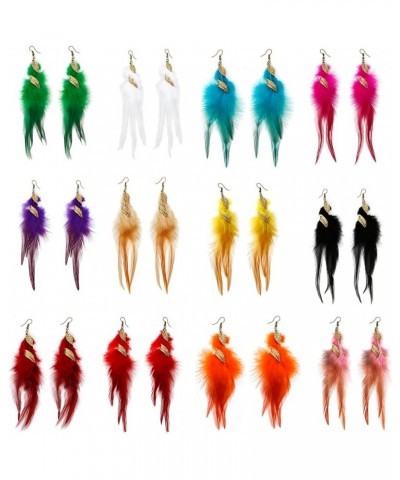 12 Color Bohemian Long Feather Earrings for Women Handmade Natural Jewelry Lightweight Statement Dangle Color B $10.00 Earrings