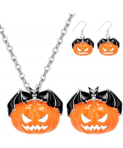 M 3 Pairs Halloween Jewelry Set for Women Girls, Halloween Theme Enameled Pumpkin Pendant Necklace Brooch Pin Drop Dangle Ear...