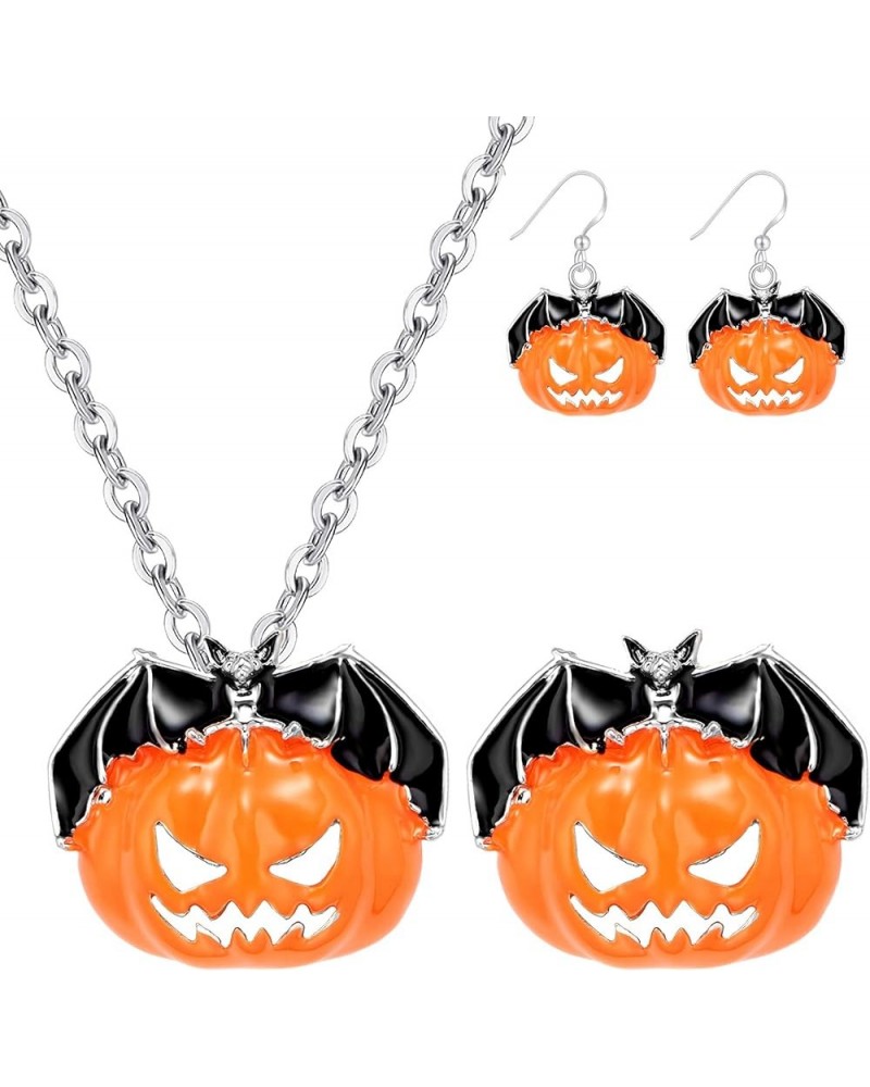 M 3 Pairs Halloween Jewelry Set for Women Girls, Halloween Theme Enameled Pumpkin Pendant Necklace Brooch Pin Drop Dangle Ear...