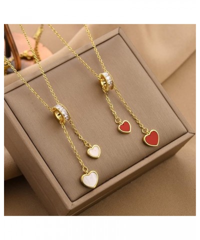 Double Love Heart Necklace Stainless Steel Peach Heart Pearl Pendant Necklace for Women Girls Fashion Jewelry Red $10.26 Neck...