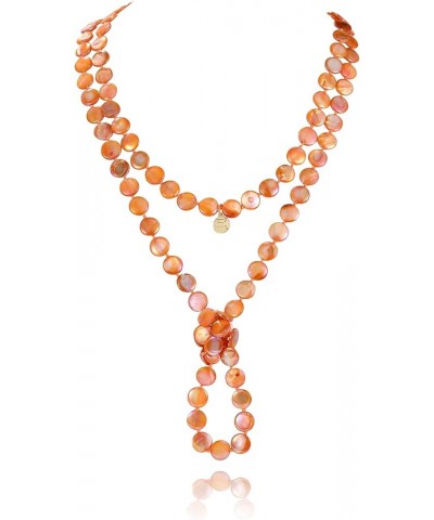 Flat Round Coin Shell Beads Long Knotted Necklace Natural Mother of Pearl Handmade Jewelry For Women S-Orange AB $9.24 Necklaces