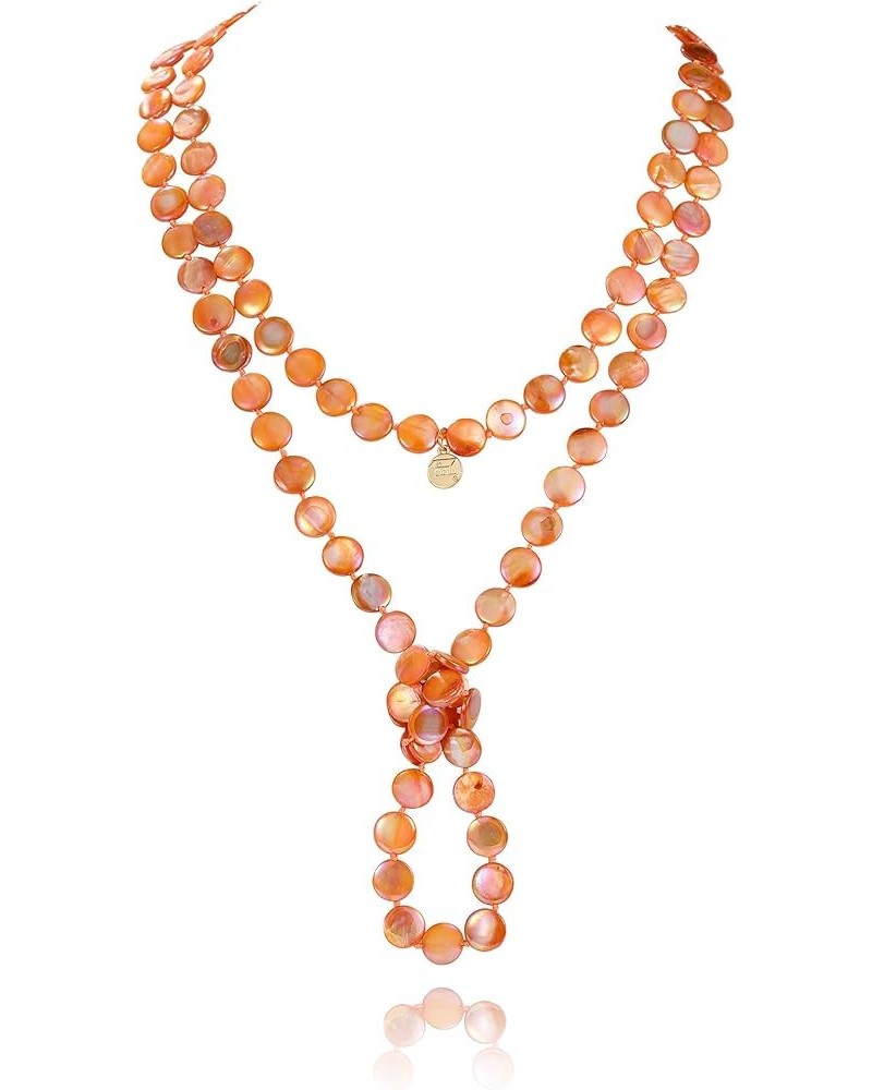 Flat Round Coin Shell Beads Long Knotted Necklace Natural Mother of Pearl Handmade Jewelry For Women S-Orange AB $9.24 Necklaces