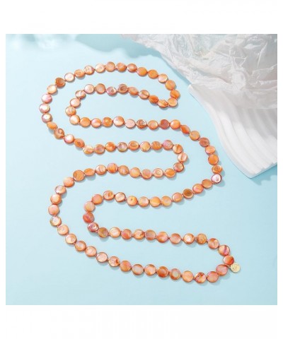 Flat Round Coin Shell Beads Long Knotted Necklace Natural Mother of Pearl Handmade Jewelry For Women S-Orange AB $9.24 Necklaces