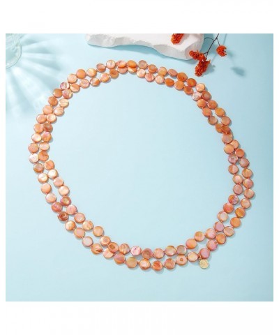 Flat Round Coin Shell Beads Long Knotted Necklace Natural Mother of Pearl Handmade Jewelry For Women S-Orange AB $9.24 Necklaces