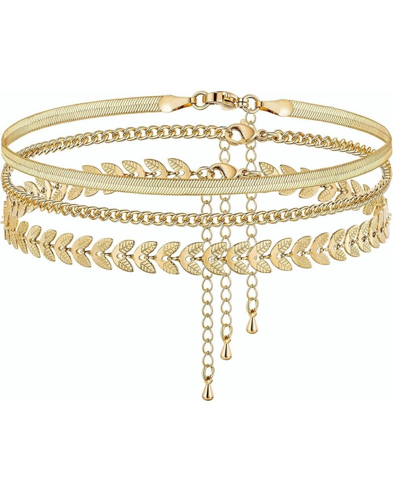 Gold Layered Ankle Bracelets for Women 14K Gold Plated Four Layer Rhinestone CZ Anklet Cuban Figaro Fishbone Pearl Link Ankle...