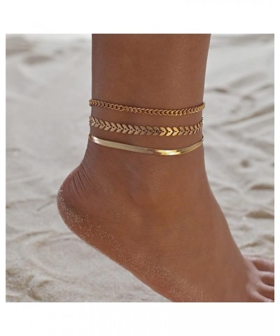 Gold Layered Ankle Bracelets for Women 14K Gold Plated Four Layer Rhinestone CZ Anklet Cuban Figaro Fishbone Pearl Link Ankle...