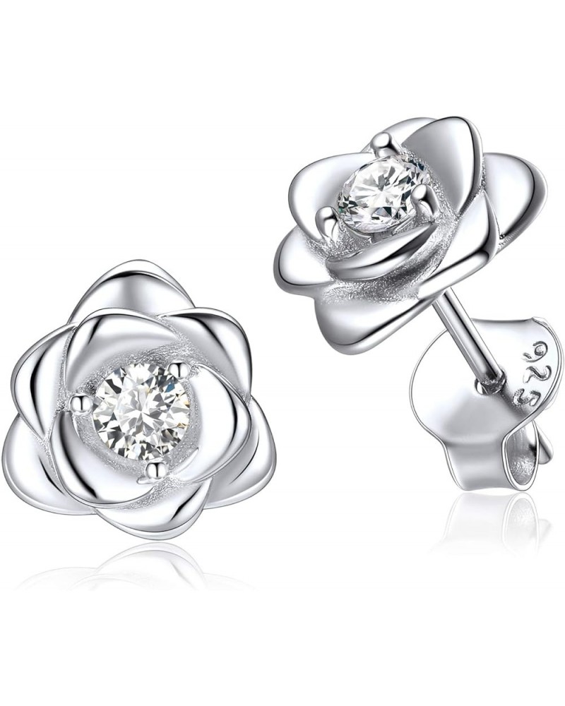 925 Sterling Silver Rose Flower Stud Earrings Cubic Zirconia Inlaid Hypoallergenic Earrings for Women (with Gift Box) Silver ...