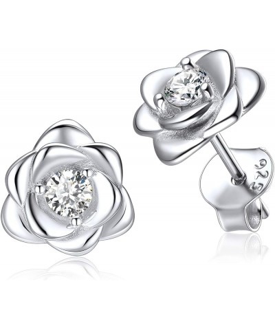 925 Sterling Silver Rose Flower Stud Earrings Cubic Zirconia Inlaid Hypoallergenic Earrings for Women (with Gift Box) Silver ...