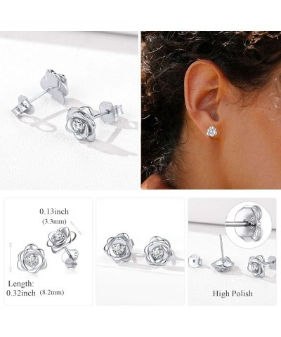 925 Sterling Silver Rose Flower Stud Earrings Cubic Zirconia Inlaid Hypoallergenic Earrings for Women (with Gift Box) Silver ...