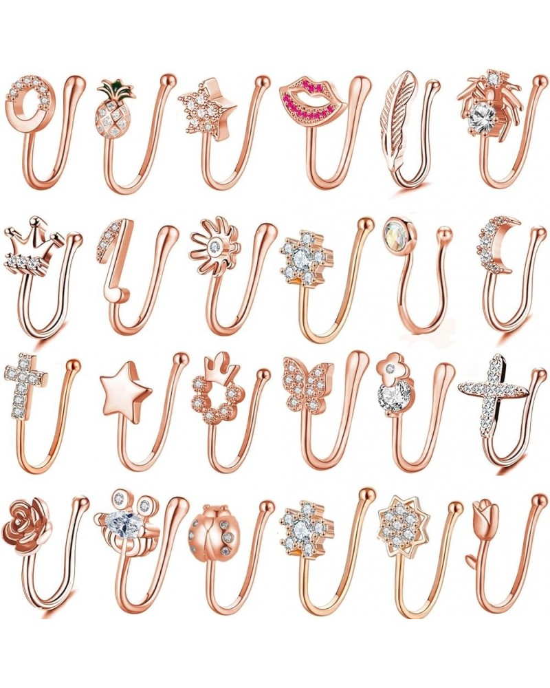 24 PCS Fake Nose Rings Set Ear Clips Non Piercing Earrings Inlaid CZ Non Piercing Jewelry Fake Nose Ring Spring Clip on Circl...