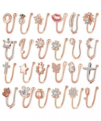 24 PCS Fake Nose Rings Set Ear Clips Non Piercing Earrings Inlaid CZ Non Piercing Jewelry Fake Nose Ring Spring Clip on Circl...