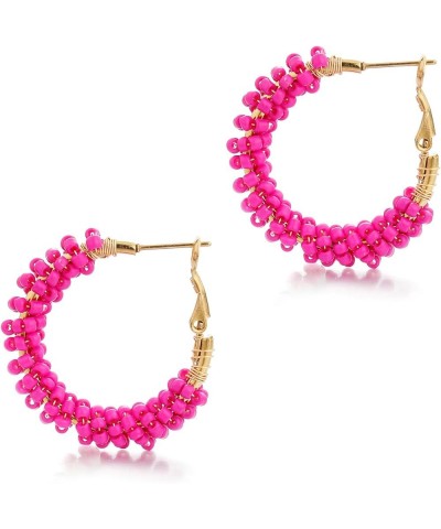 Flower Hoop Earrings, Boho Beaded Hoop Earrings Daisy Hoop Earrings Floral Hoop Earrings Hot Pink Beads $8.09 Earrings