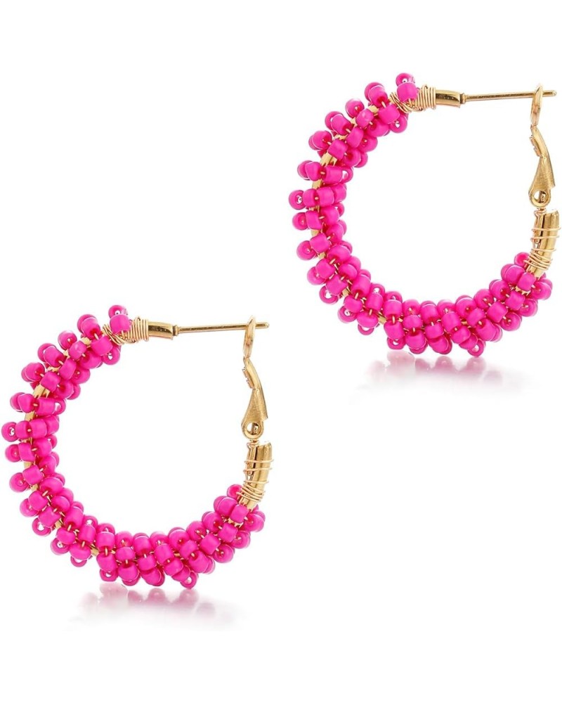 Flower Hoop Earrings, Boho Beaded Hoop Earrings Daisy Hoop Earrings Floral Hoop Earrings Hot Pink Beads $8.09 Earrings