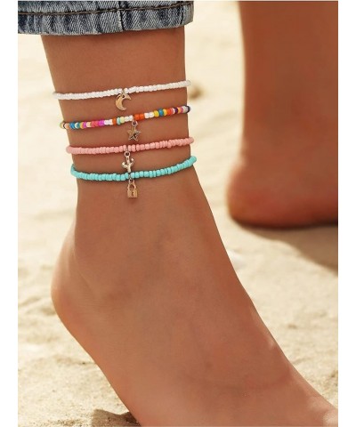 4 Pcs Handmade Beaded Bracelets Anklets for Women Boho Elastic Beaded Anklets Bracelets for Girls Colorful Beads Ankle Bracel...