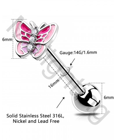 Butterfly Tongue Ring 14G Pink Tongue Piercing Jewelry Internally Threaded Tongue Jewelry Stainless Steel Tongue Bars For Wom...