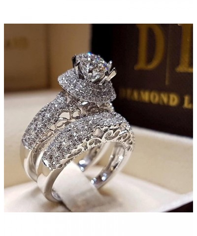 2 Pcs Retro Luxury Ring Set 925 Sterling Silver Shiny Full Diamond AAA Cubic Zirconia Solitaire Rings CZ Diamond Ring Set Ete...