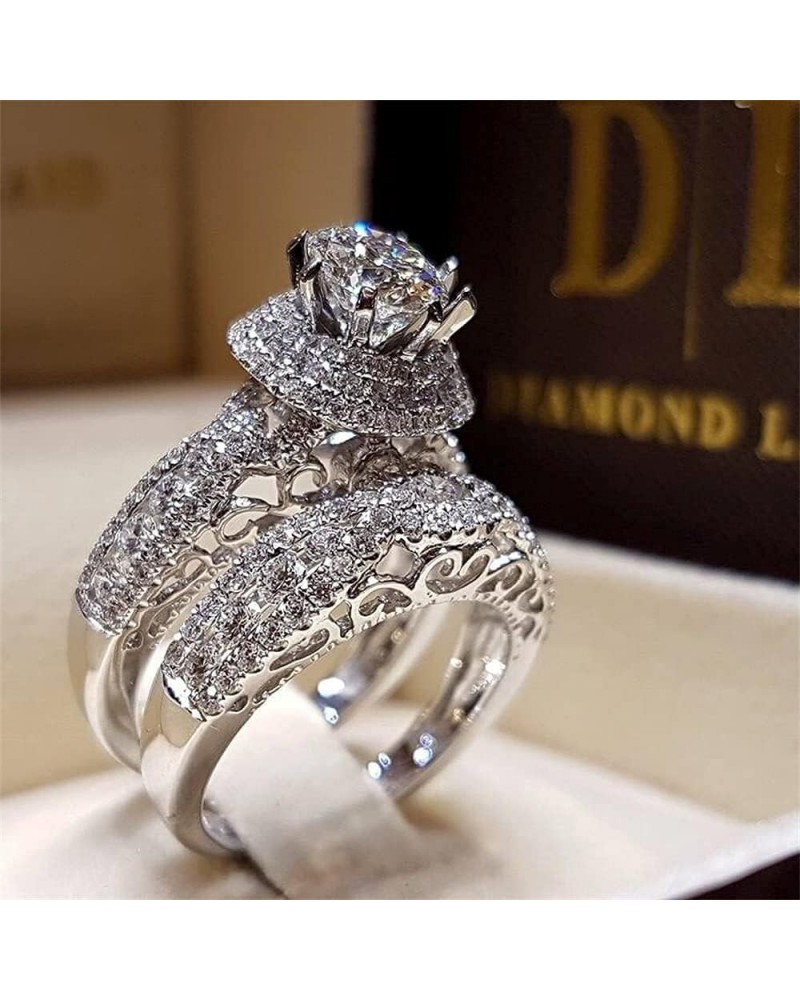 2 Pcs Retro Luxury Ring Set 925 Sterling Silver Shiny Full Diamond AAA Cubic Zirconia Solitaire Rings CZ Diamond Ring Set Ete...