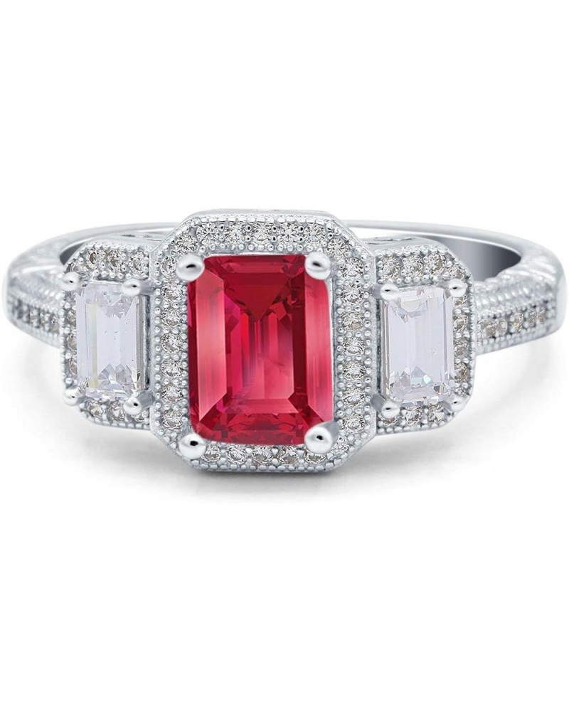 Three Stone Emerald Cut Halo Art Deco Engagement Ring Simulated Cubic Zirconia 925 Sterling Silver Simulated Ruby CZ $12.30 R...