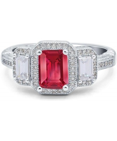 Three Stone Emerald Cut Halo Art Deco Engagement Ring Simulated Cubic Zirconia 925 Sterling Silver Simulated Ruby CZ $12.30 R...