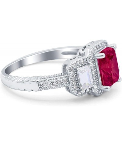 Three Stone Emerald Cut Halo Art Deco Engagement Ring Simulated Cubic Zirconia 925 Sterling Silver Simulated Ruby CZ $12.30 R...